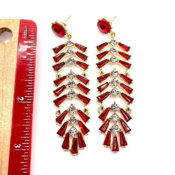 Long gold red crystal drop dangle earring - Picture 4 of 5